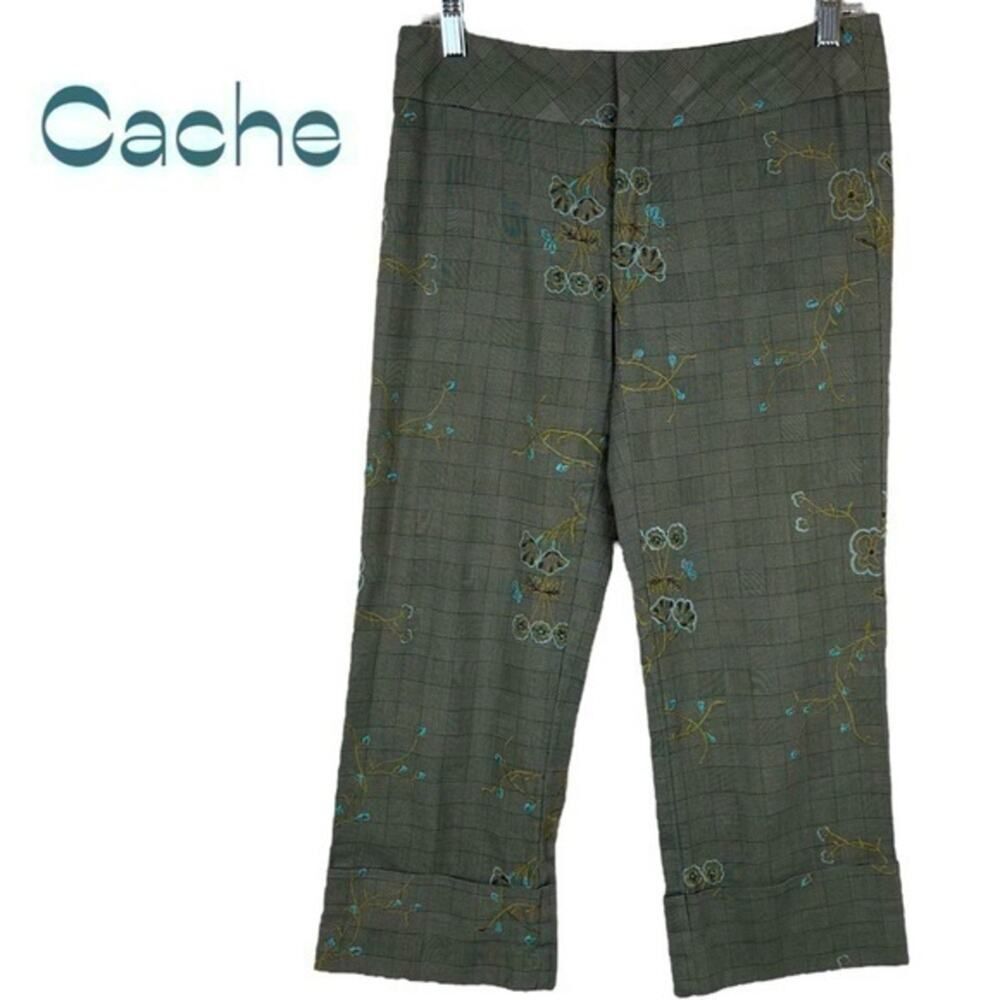 Cache Gray Vintage Embroidered Cuffed Capris Size 2 Plaid Florals